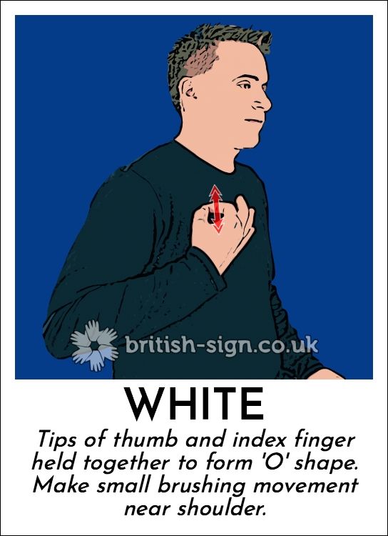 White: Tips of thumb and index finger held together to form 'O' shape. Make small brushing movement near shoulder.